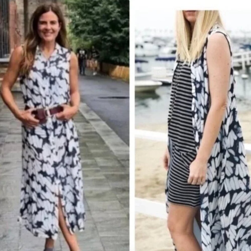 CAbi Cloudy Sky Maxi sz: S Blue Abstract Floral Printed Button Front Long Dress